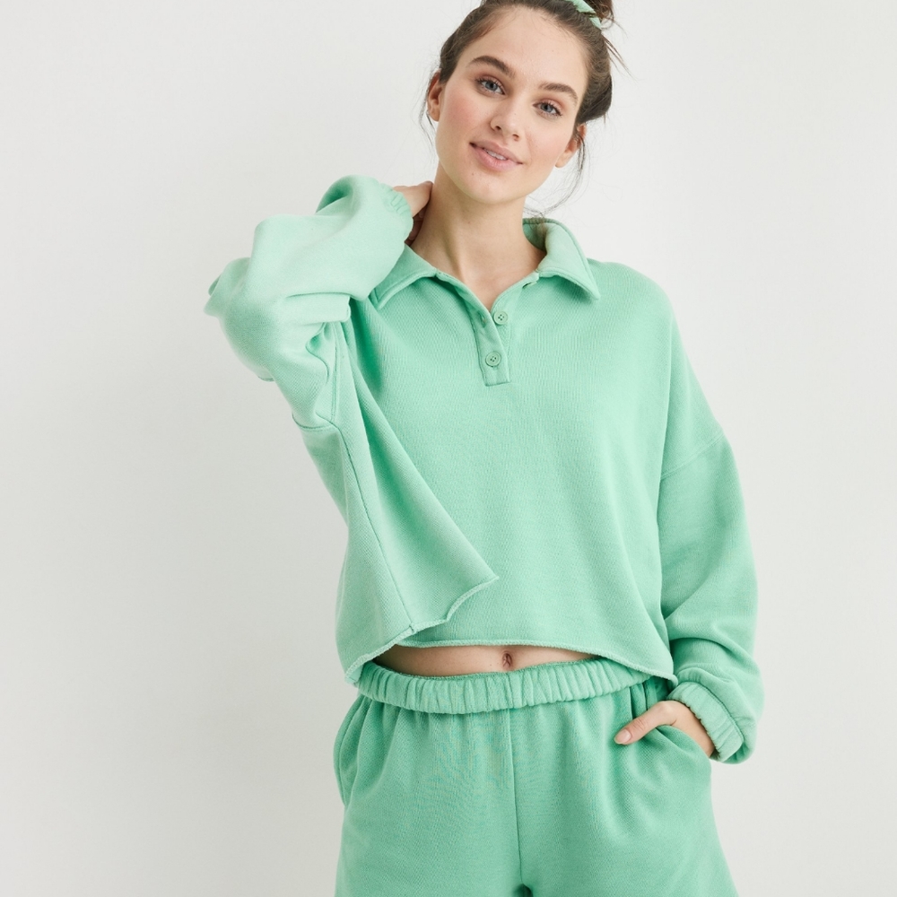 Aerie Fleece-Of-Mind Cropped Polo Sweater Top Mint Green Size Small